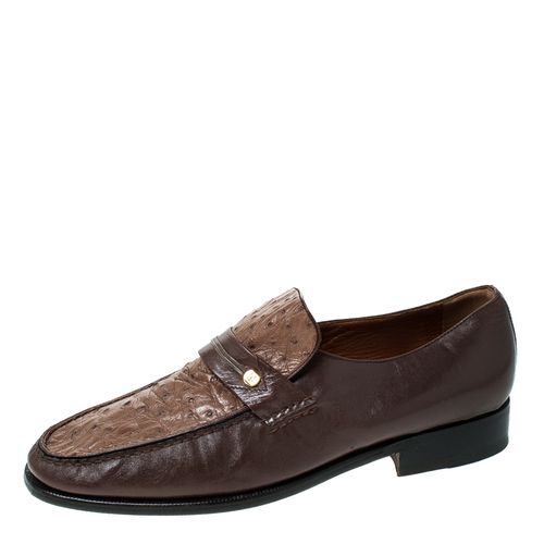 Moreschi Brown Leather And Ostrich Trim Slip On Loafers Size 41 - Moreschi - Modalova