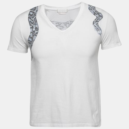 Alexander McQueen White Snake Print Cotton V-Neck T-Shirt XS - Alexander McQueen - Modalova