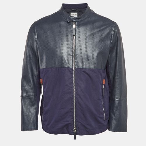 Armani Collezioni Blue Perforate Leather and Cotton Zip-Up Jacket XL - Armani Collezioni - Modalova