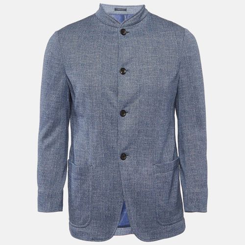 Armani Collezioni Blue Cotton Knit Mandarin Collar Jacket L - Armani Collezioni - Modalova