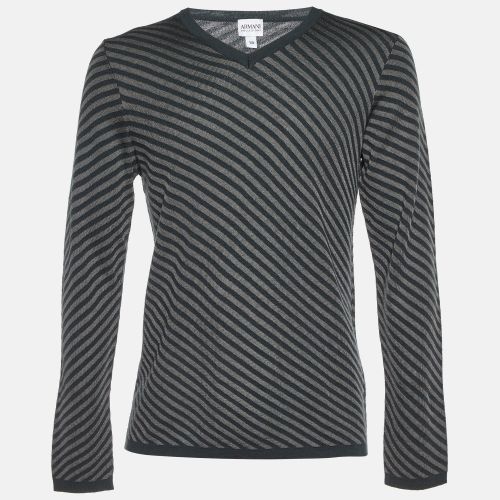 Armani Collezioni Grey Diagonal Striped Wool V-Neck Jumper L - Armani Collezioni - Modalova