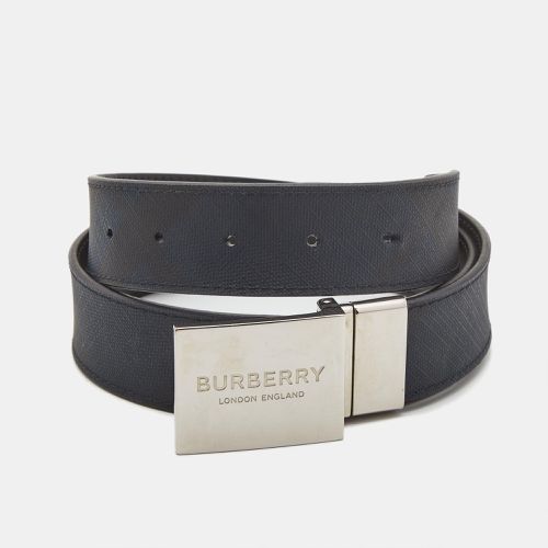 Burberry Navy Blue Check Coated Canvas and Leather Logo Plague Reversible Belt 85CM - Burberry - Modalova