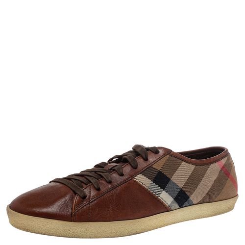 Burberry Brown Leather And Nova Check Canvas Low Top Sneakers Size 43 - Burberry - Modalova