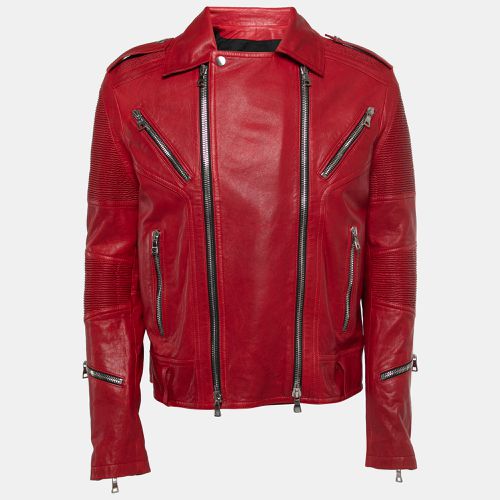 Balmain Red Distressed Leather Moto Biker Jacket L - Balmain - Modalova