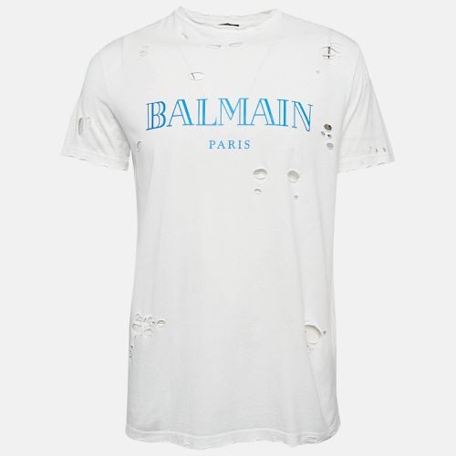 Cotton Logo Print Jersey Distressed Crewneck T-Shirt L - Balmain - Modalova