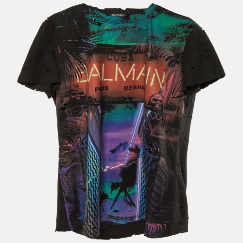 Balmain Black Cuba Printed Cotton Knit Distressed T-Shirt M - Balmain - Modalova
