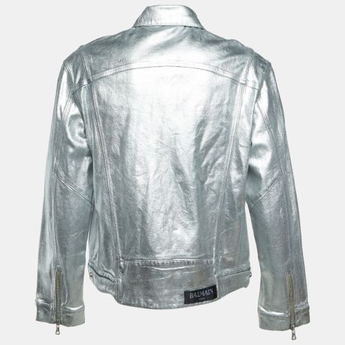 Wide Metallic Denim Button Up Jacket XL - Balmain - Modalova