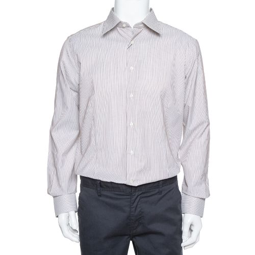 Balmain Cream & Brown Striped Cotton Button Front Slim Fit Two Ply Shirt L - Balmain - Modalova