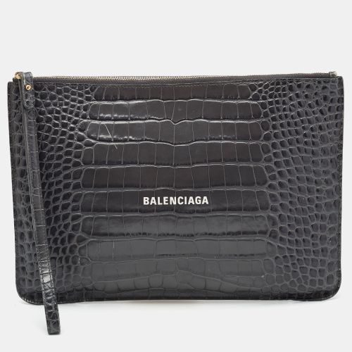 Balenciaga Grey Croc Embossed Leather Flat Zip Pouch - Balenciaga - Modalova