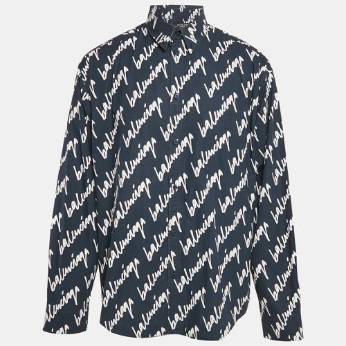 Balenciaga Navy Blue Logo All Over Cotton Long Sleeve Shirt M - Balenciaga - Modalova