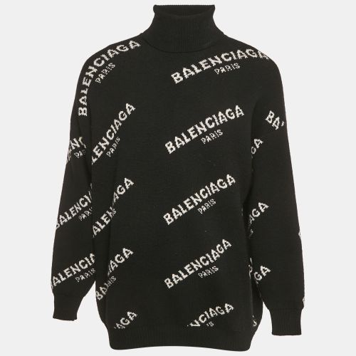 Balenciaga Black All Over Pattern Rib Knit Turtleneck Oversized Sweater M - Balenciaga - Modalova