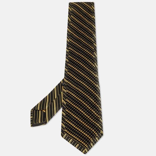 Brioni Black/Yellow Striped Satin Silk Pleated Tie - Brioni - Modalova