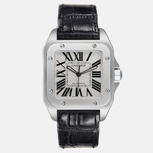 Cartier Santos 100 Silver Dial Black Strap Steel Men's Watch 38.0 mm - Cartier - Modalova