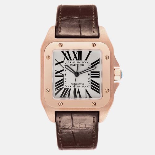 Cartier Santos 100 XL Rose Gold Silver Dial Mens Watch W20095Y1 - Cartier - Modalova