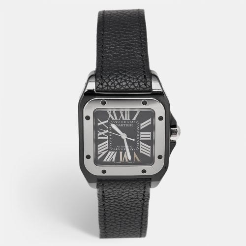 Cartier Black Ceramic Santos 100 Calfskin Leather 2878 Men's Wristwatch 33 mm - Cartier - Modalova