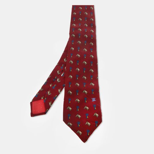 Celine Vintage Burgundy Horse and Badge Print Silk Tie - Celine - Modalova