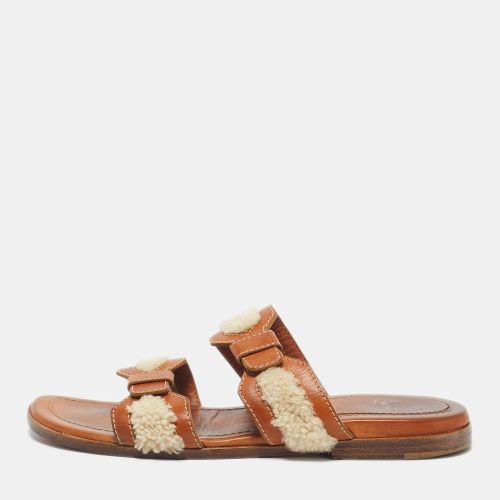 Christian Louboutin Brown Leather and Shearling Double Strap Flat Sandals Size 43 - Christian Louboutin - Modalova