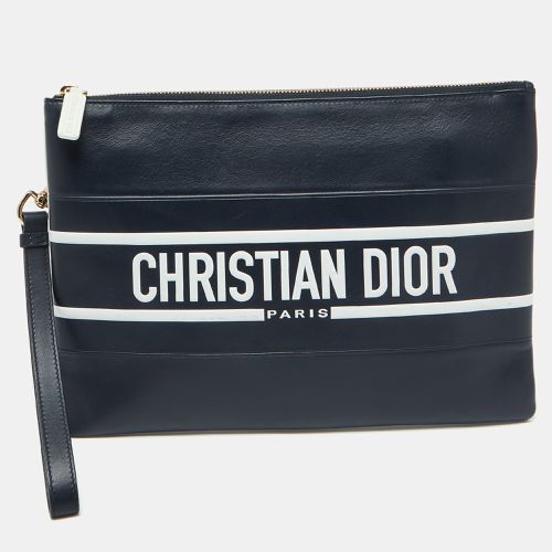 Dior Navy Blue/White Leather Logo Vibe Zip Clutch - Dior - Modalova