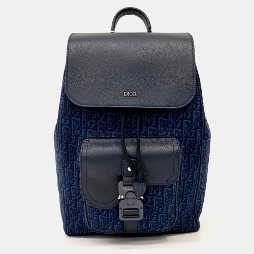 Saddle Drawstring Backpack Blue Oblique Jacquard Canvas Calfskin Leather Backpack Bag - Dior - Modalova
