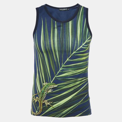 Navy Printed Cotton Knit Sleeveless T-Shirt XS - Dolce & Gabbana - Modalova