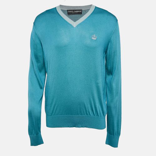 Dolce & Gabbana Teal Blue Silk Knit V-Neck Sweatshirt XL - Dolce & Gabbana - Modalova