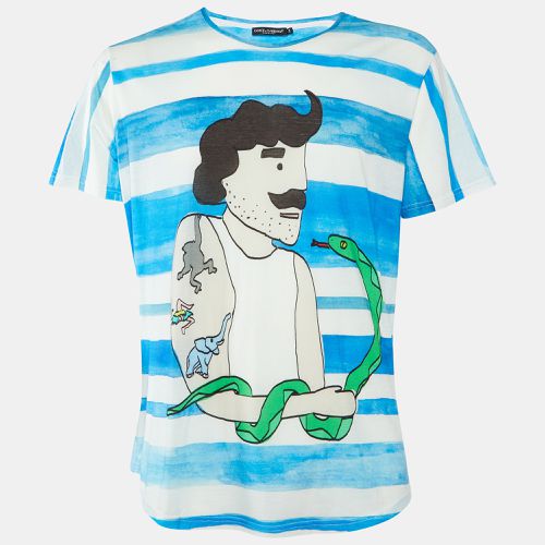 Dolce & Gabbana Blue/White Striped Graphic Print Cotton Crew Neck T-Shirt XXL - Dolce & Gabbana - Modalova