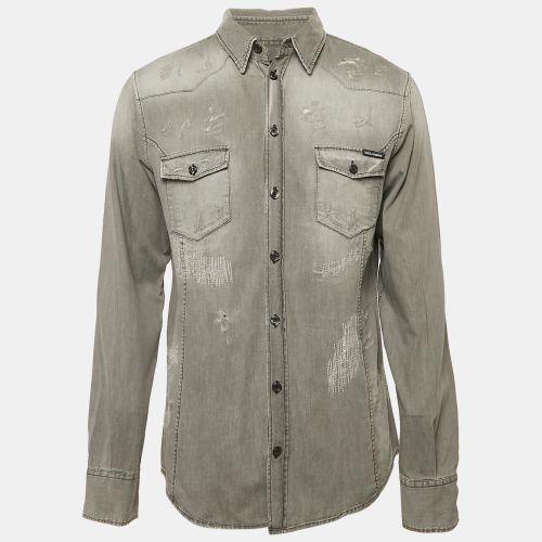 Dolce & Gabbana Grey Distressed Denim Gold Shirt XXL - Dolce & Gabbana - Modalova