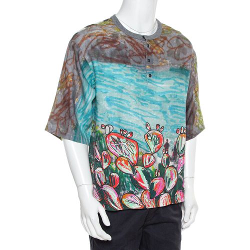 Printed Linen Half Button Oversized T-Shirt XS - Dolce & Gabbana - Modalova