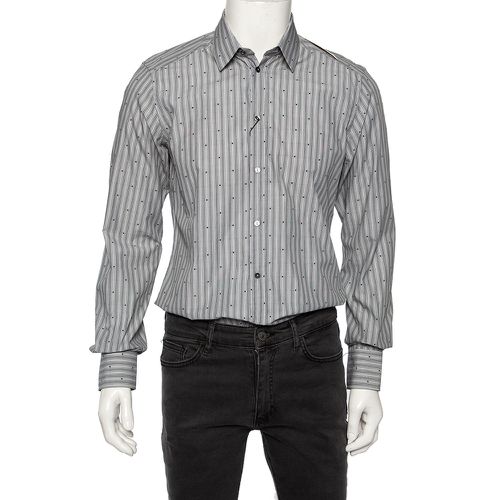 Dolce & Gabbana Grey Striped Cotton Embroidered Detail Gold Fit Shirt M - Dolce & Gabbana - Modalova