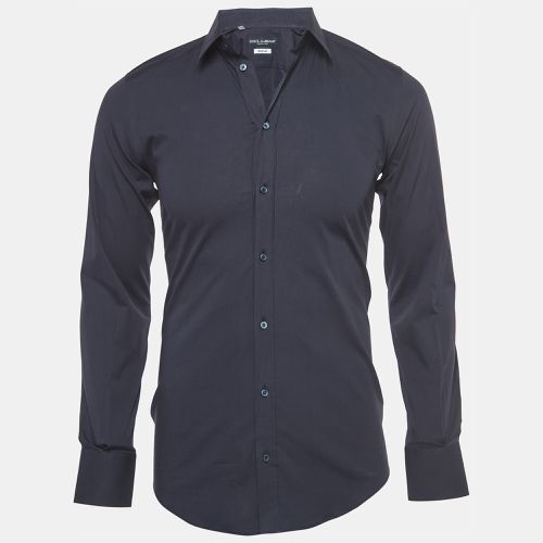 Dolce & Gabbana Gold Navy Blue Cotton Button Front Full Sleeve Shirt S - Dolce & Gabbana - Modalova