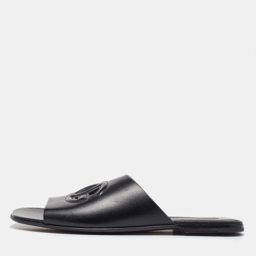 Dolce & Gabbana Black Leather Embossed Logo Slide Flat Sandals Size 45 - Dolce & Gabbana - Modalova