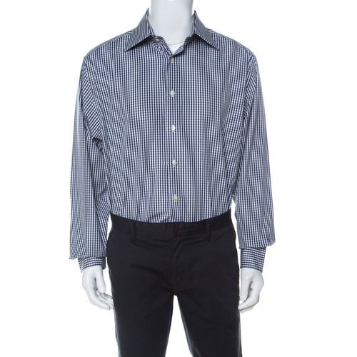 Emporio Armani Navy Blue and White Checked Cotton Long Sleeve Shirt XXL - Emporio Armani - Modalova