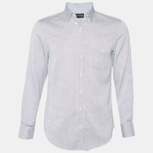 Emporio Armani White & Blue Striped Cotton Button Front Shirt M - Emporio Armani - Modalova