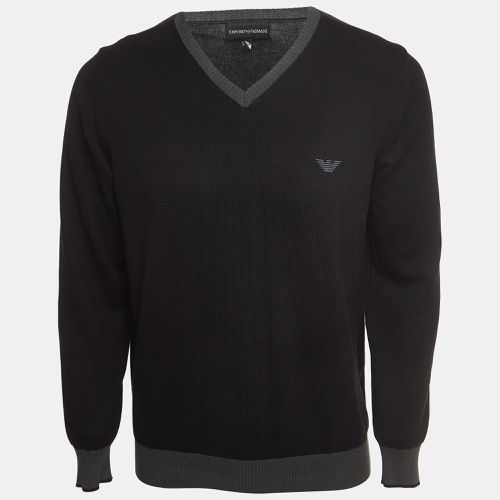 Emporio Armani Black Cotton Knit V-Neck Sweater M - Emporio Armani - Modalova