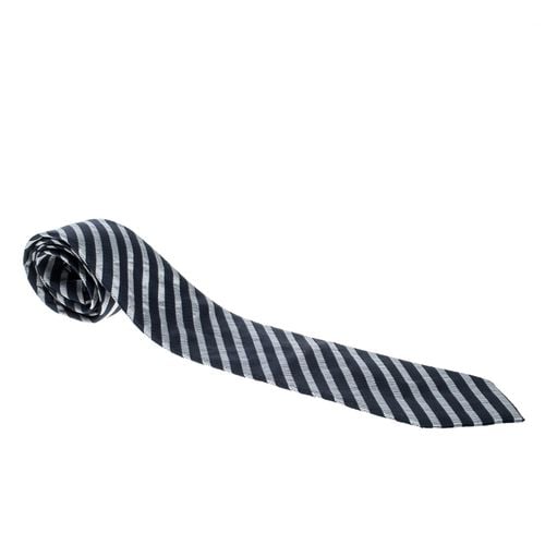 Emporio Armani Navy Blue and Grey Striped Silk Tie - Emporio Armani - Modalova