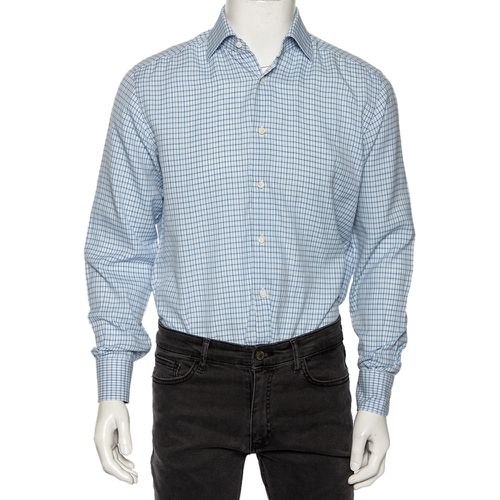 Ermenegildo Zegna Light Blue Check Cotton Button Front Regular Fit Shirt M - Ermenegildo Zegna - Modalova