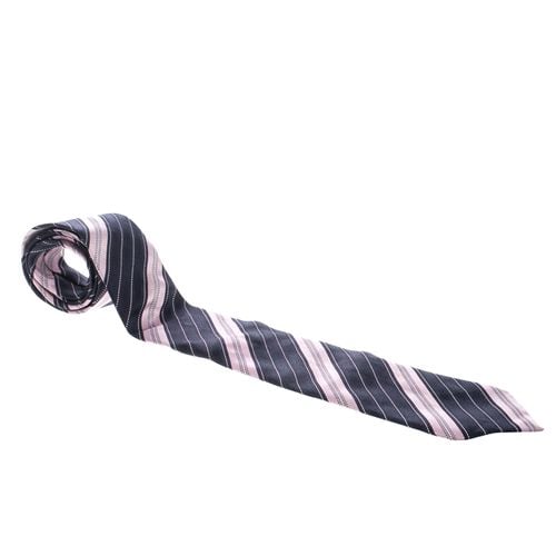 Ermenegildo Zegna Navy Blue and Pink Diagonal Striped Silk Jacquard Traditional Tie - Ermenegildo Zegna - Modalova