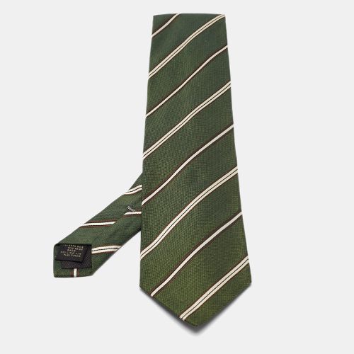 Ermenegildo Zegna Vintage Green Stripe Linen Silk Traditional Tie - Ermenegildo Zegna - Modalova