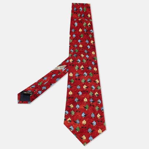 Ermenegildo Zegna Crimson Red Tree House Print Silk Tie - Ermenegildo Zegna - Modalova