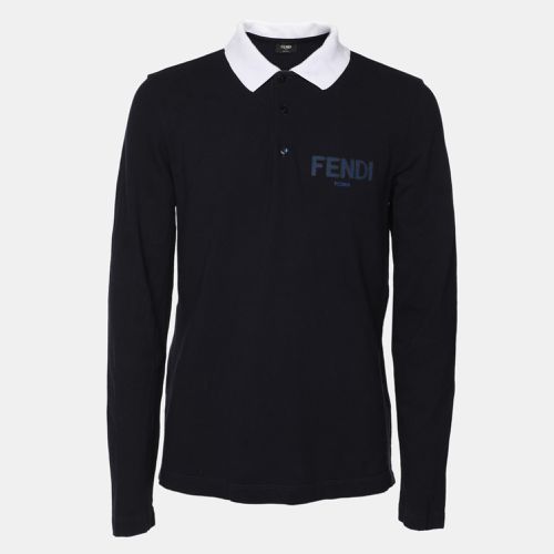 Fendi Navy Blue Cotton Knit Long Sleeve Polo Shirt M - Fendi - Modalova