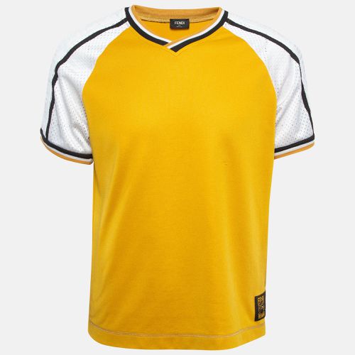 Fendi Yellow Mesh Trim Jersey V-Neck Half Sleeve T-Shirt S - Fendi - Modalova