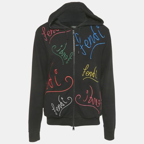 Fendi Black Logo Embroidered Cotton Zip-Up Hoodie XL - Fendi - Modalova