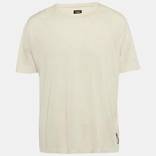 Fendi Cream Logo Embroidered Jersey T-Shirt L - Fendi - Modalova
