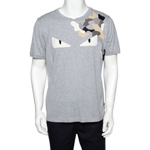 Fendi Grey Cotton Monster Eyes Leather Patch Detail Crewneck T-Shirt XXL - Fendi - Modalova