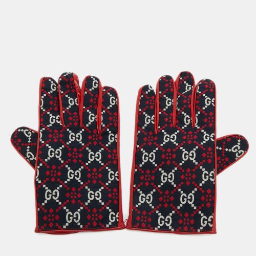 Gucci Gloves L Navy Blue/Red Diamond GG Canvas and Leather - Gucci - Modalova