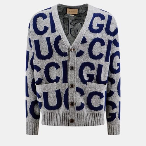 Gucci Grey Wool All-Over Logo Cardigan M - Gucci - Modalova