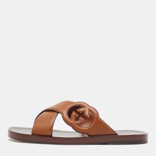 Gucci Brown Leather Interlocking G Logo Slides Size 42 - Gucci - Modalova