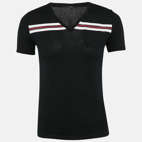 Gucci Black Web Cotton Knit V-Neck T-Shirt S - Gucci - Modalova