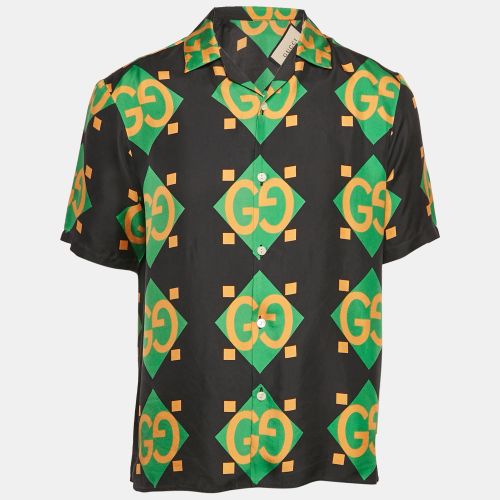 Gucci Black Geometric Logo Print Silk Short Sleeve Shirt XS - Gucci - Modalova