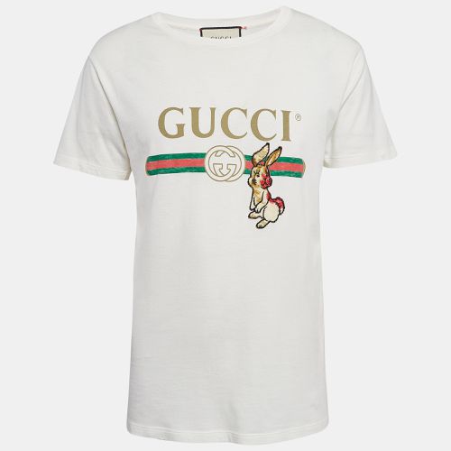 Gucci Off-White Logo Print Cotton Knit Rabbit Patch Detail T-Shirt XS - Gucci - Modalova